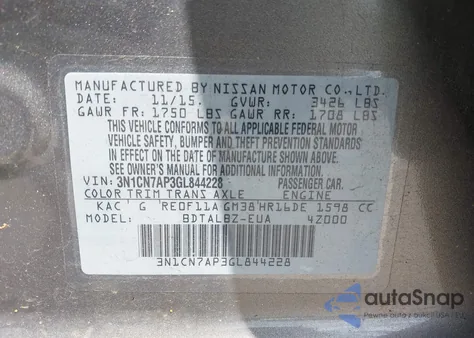 2016 Nissan Versa 1.6 Sv z USA, uszkodzony, nr VIN 3N1CN7AP3GL844228